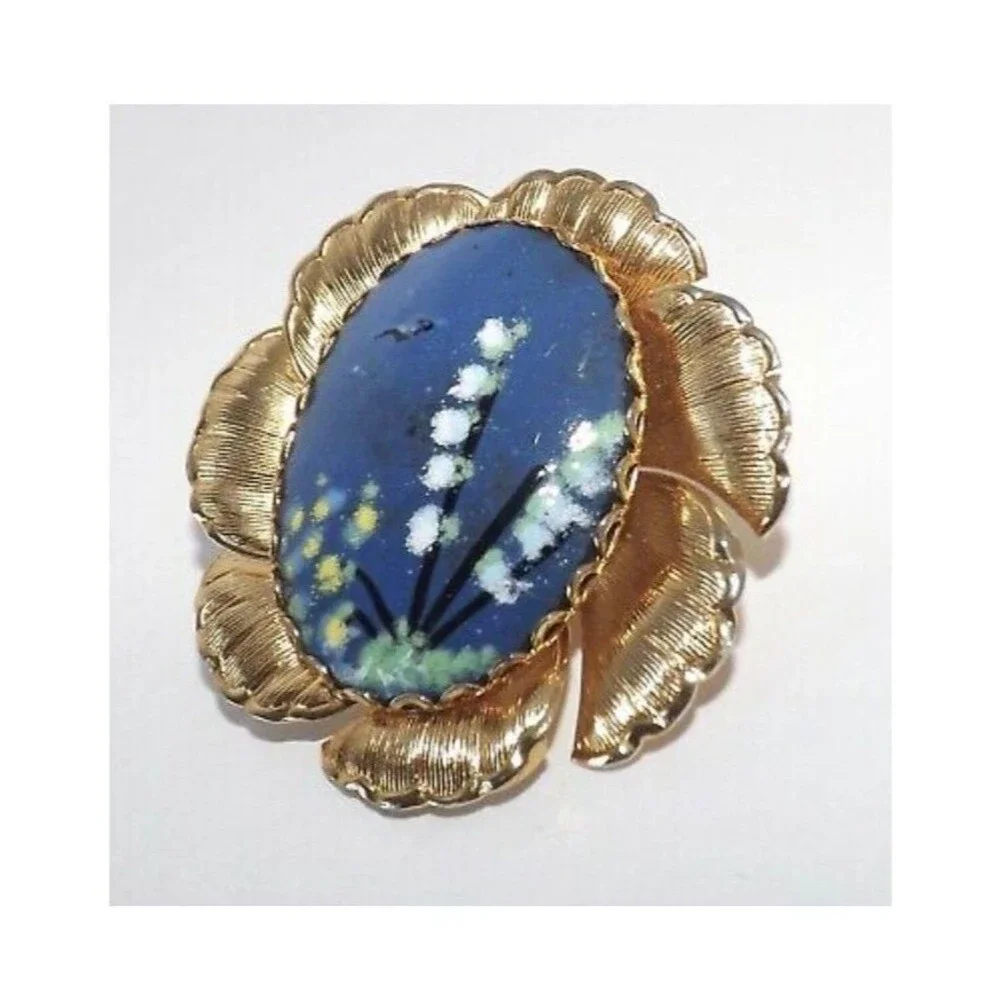 Vintage Enamel on Copper Picture Flower Scenery Gold plated Brooch Pin Pendant